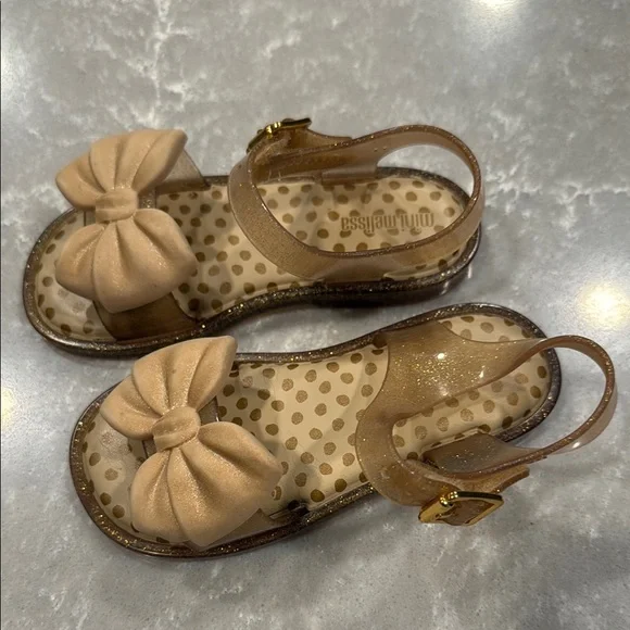 Mini Melissa Tan Cream Glitter Jelly Sandals with Bow - Picture 5 of 6